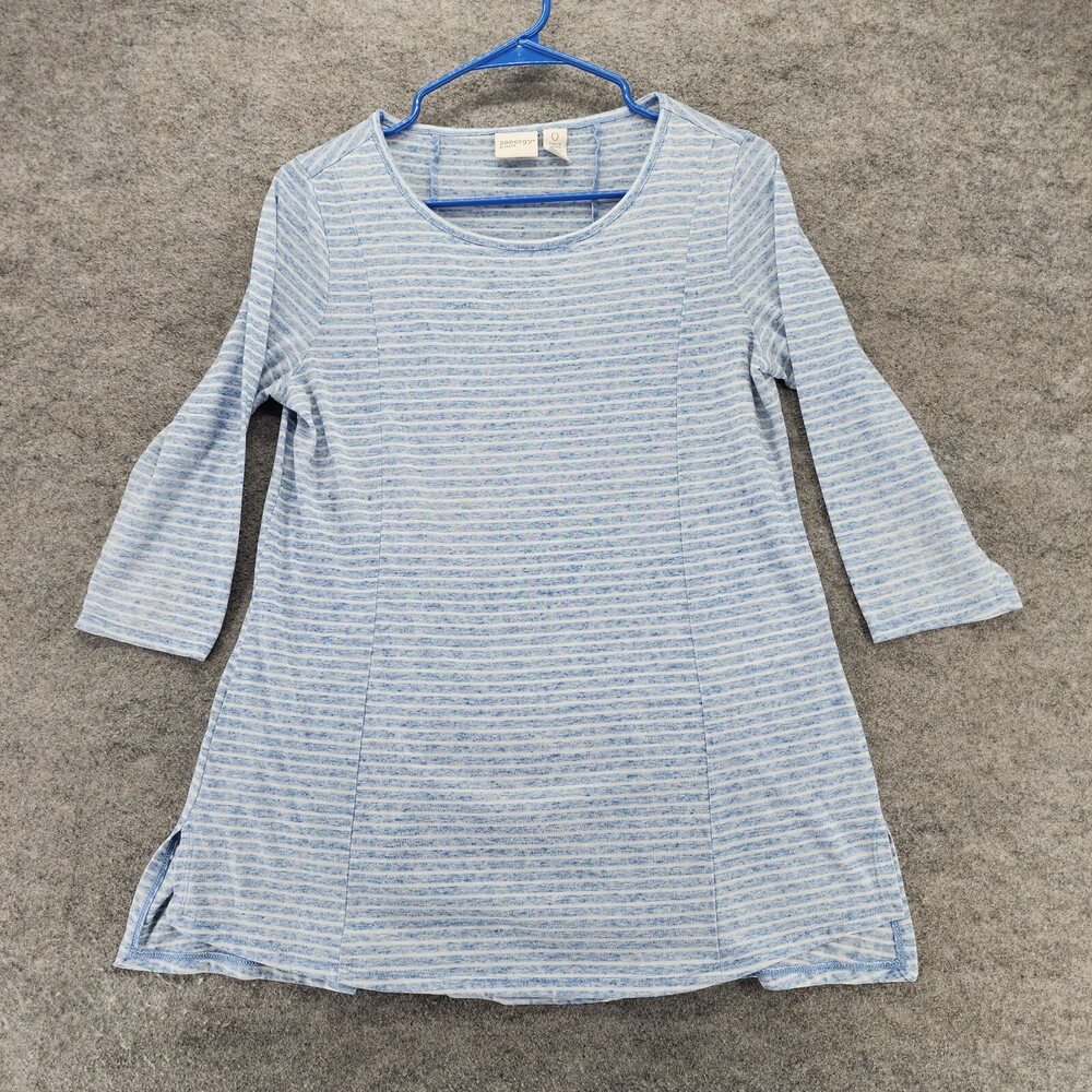 Zenergy by Chicos Shirt Womens Size 0 3/4 Sleeve Blue Striped Linen Blend